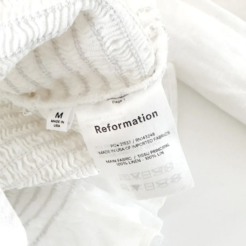 Reformation White Linen Smocked Puff‎ Sleeve Top | Square Neck | Size M